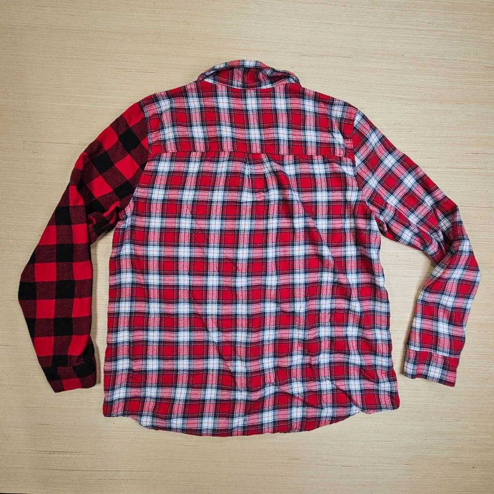 Hollister Sleep Top‎ Women L Red Patchwork Buffalo Plaid Button Up Pajama Shirt